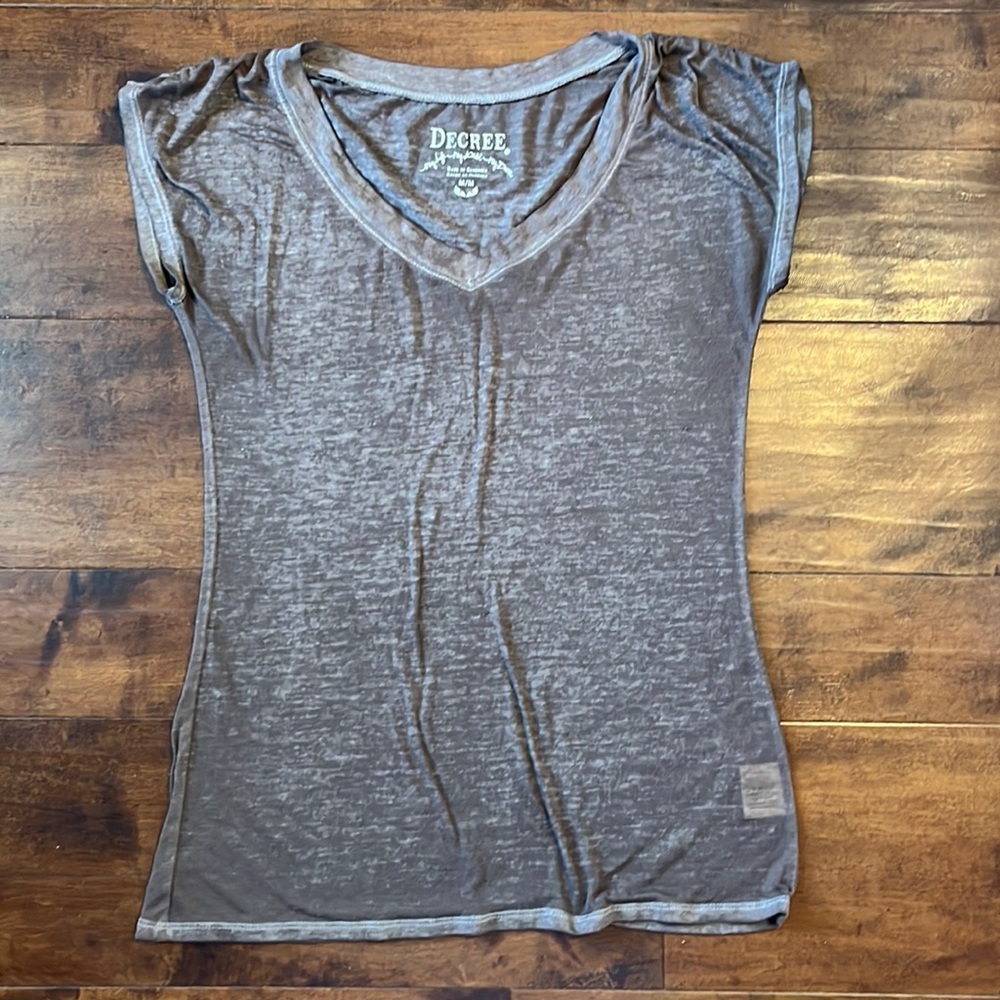 Decree brown faded look see through v-neck capped sleeve tee
